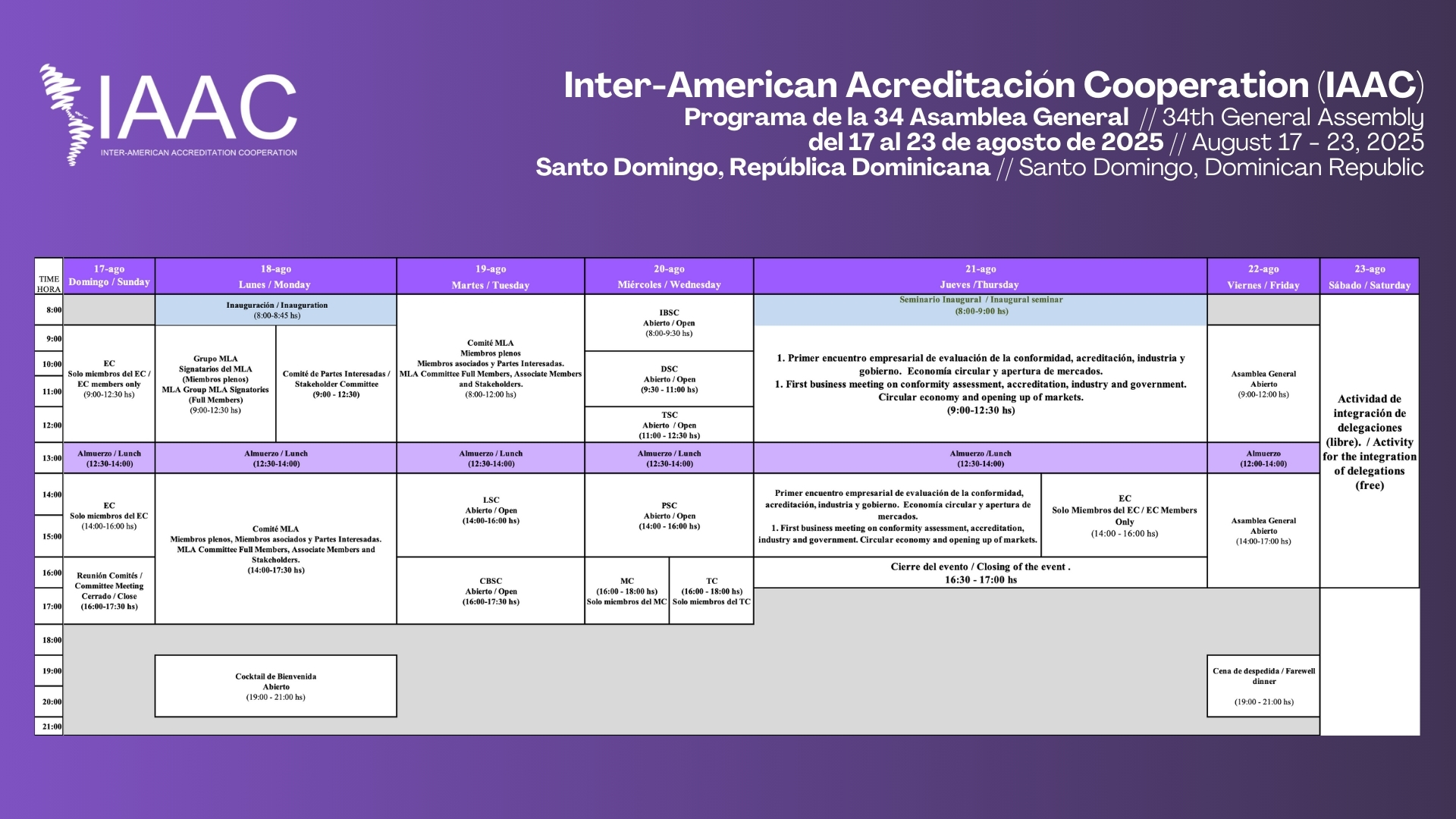 Programa de reuniones de la 34° Asamblea General de IAAC - 2025
